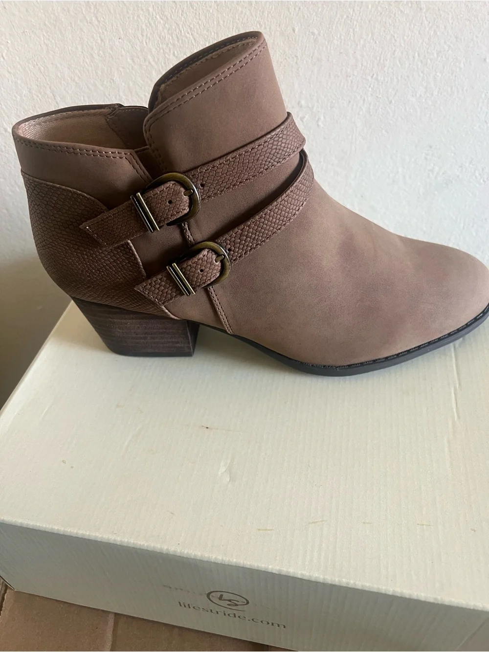 Life Stride Taupe Ankle Booties with Wrap Strap Detail